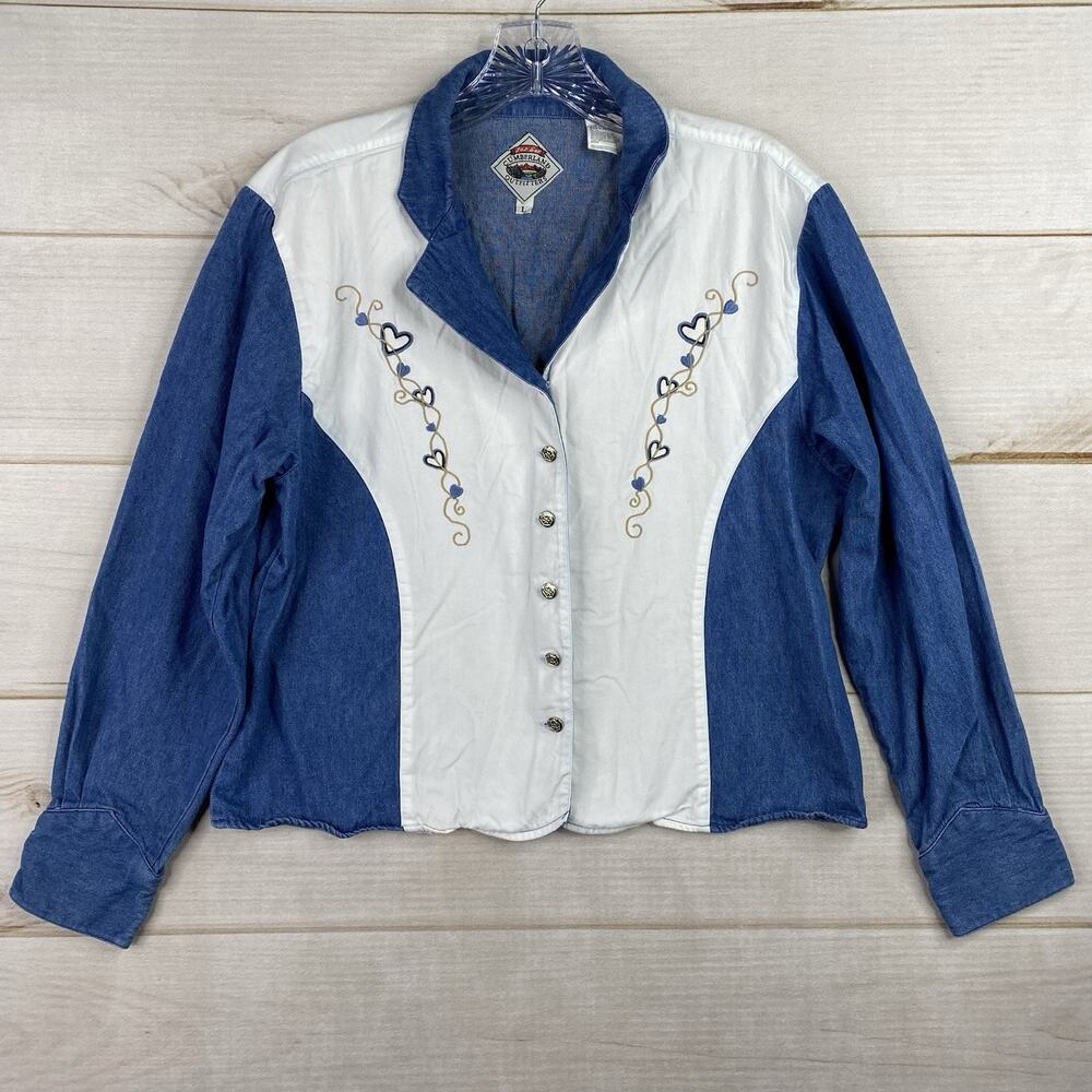 Cumberland Outfitters Womens Top L Button Up Embroidered Denim Western Cowgirl